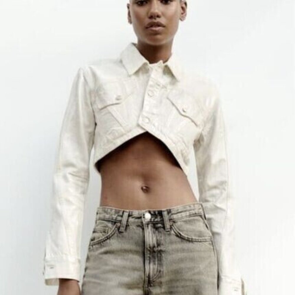 Zara Women's White & Silver Metallic Cropped Denim Jacket, Small NWT
